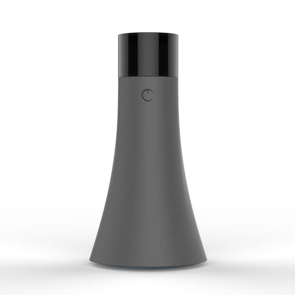 A sleek, modern, cone-shaped device with a black top and matte gray body, featuring a power button symbol on the front.