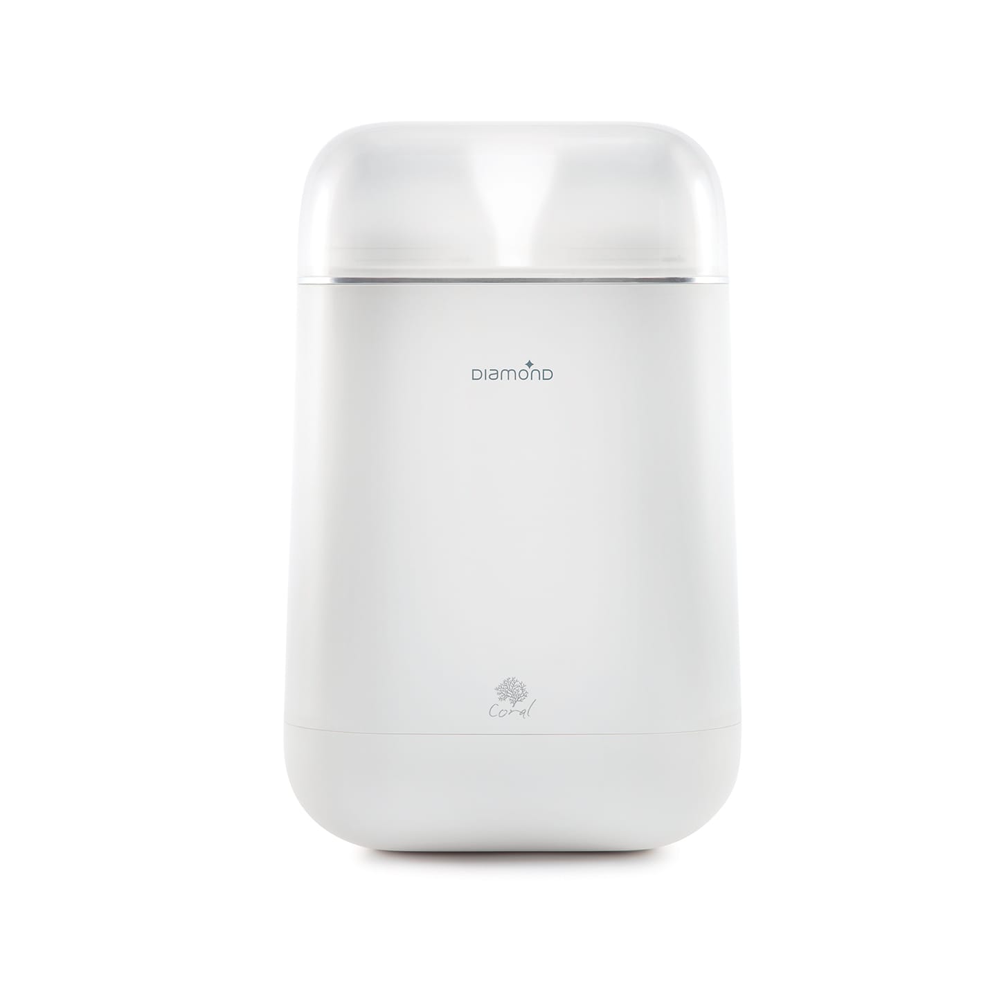 Front view of a white Diamond Coral water filter with a smooth, rounded design and a transparent top.