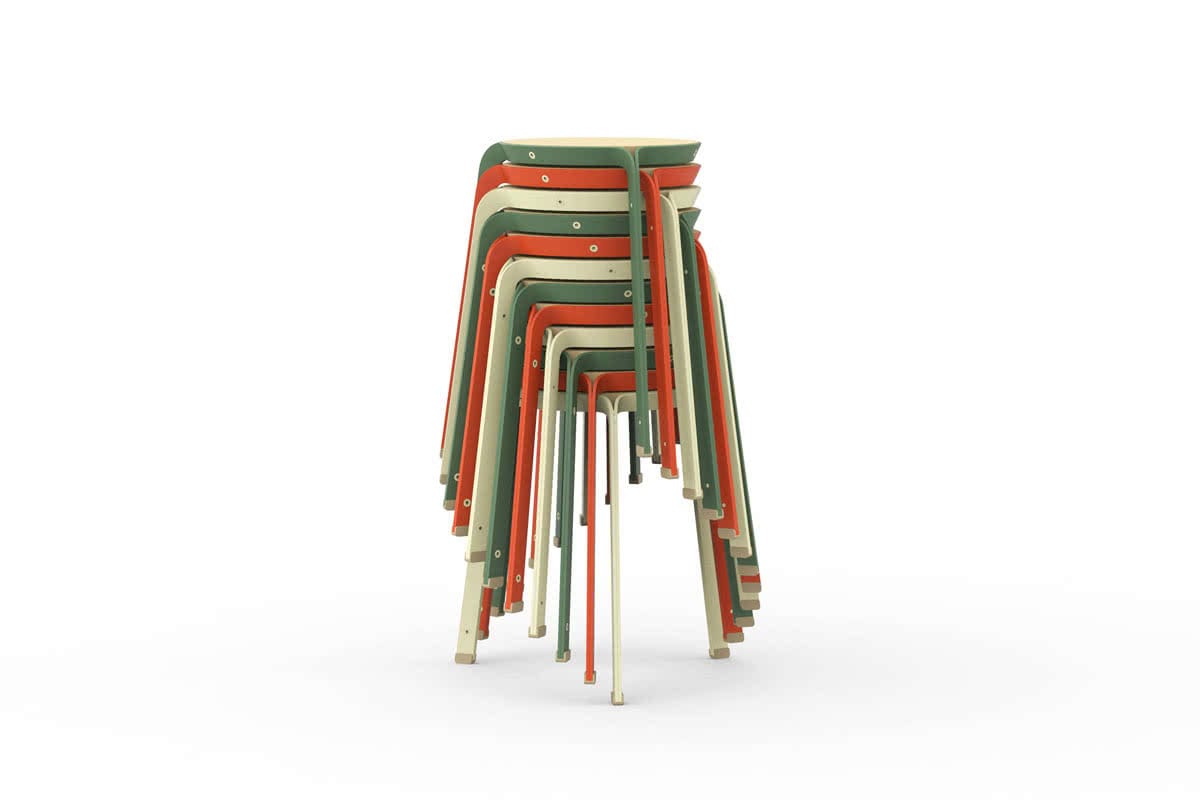 Stack of colorful metal stools with red, green, and beige legs arranged neatly against a white background.