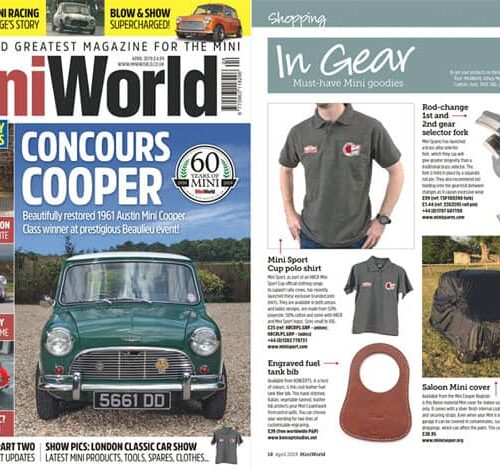The image shows the cover of a magazine called "Mini World" featuring a green classic Mini Cooper car and various Mini-related merchandise and news